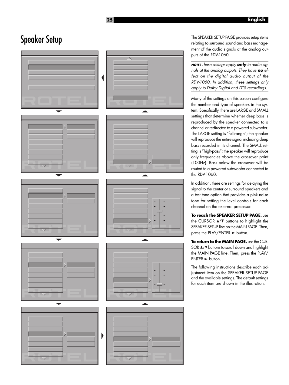 Speaker setup, Output mode, English | ROTEL DVD Audio/Video Player RDV-1060 User Manual | Page 25 / 32