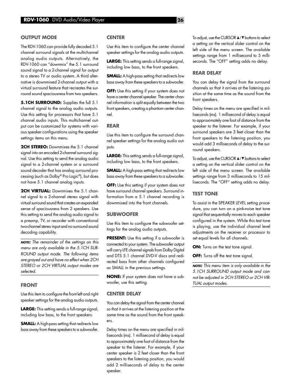 Output mode, Front, Center | Rear, Subwoofer, Center delay, Rear delay, Test tone, Audio setup | ROTEL DVD Audio/Video Player RDV-1060 User Manual | Page 26 / 32