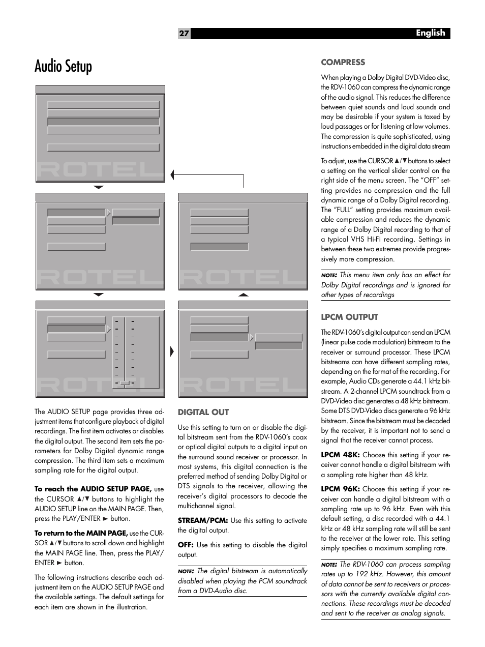Audio setup, Digital out, Compress | Lpcm output, Preferences, English | ROTEL DVD Audio/Video Player RDV-1060 User Manual | Page 27 / 32