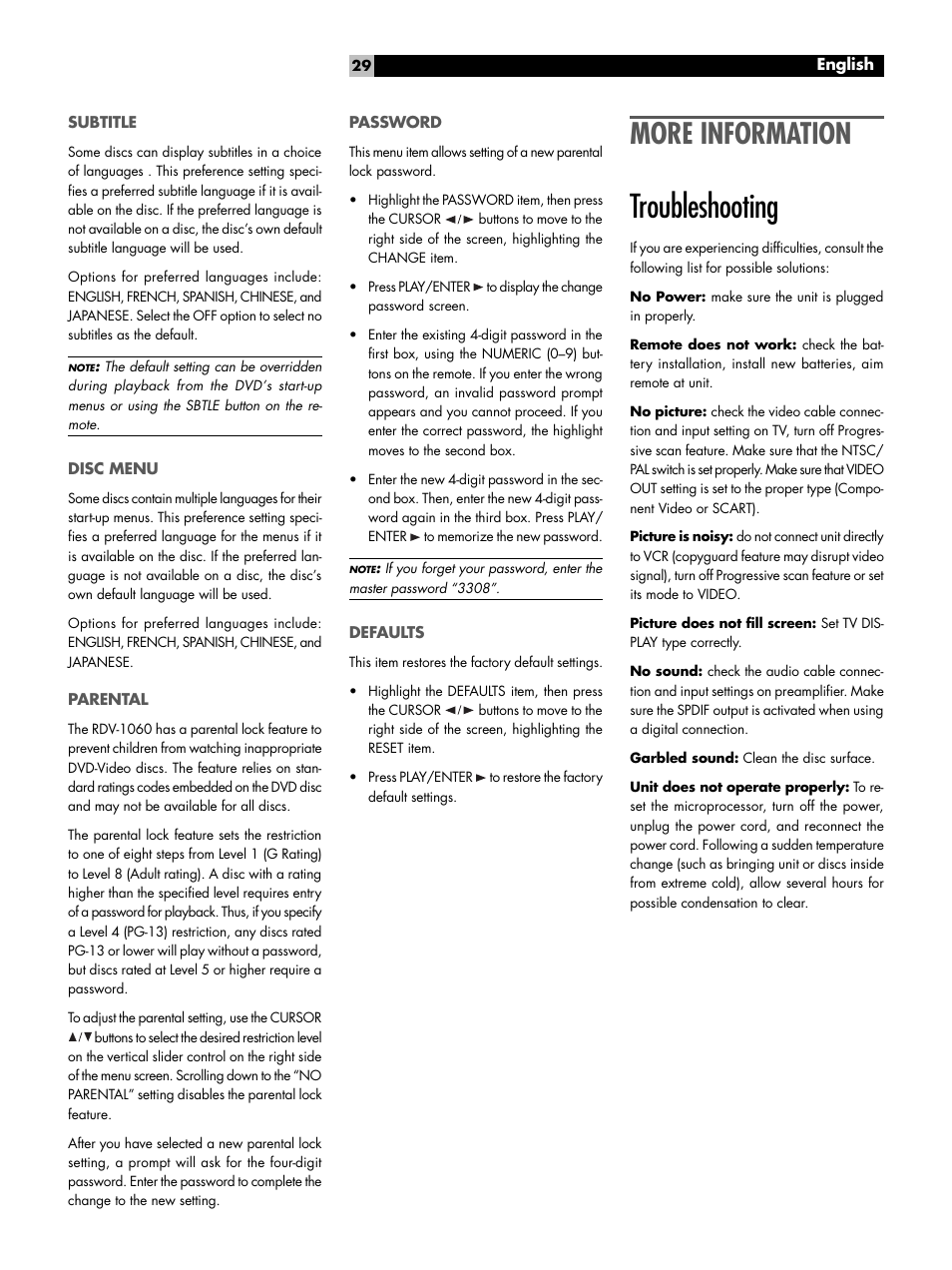 Subtitle, Disc menu, Parental | Password, Defaults, More information, Troubleshooting, Specifications | ROTEL DVD Audio/Video Player RDV-1060 User Manual | Page 29 / 32