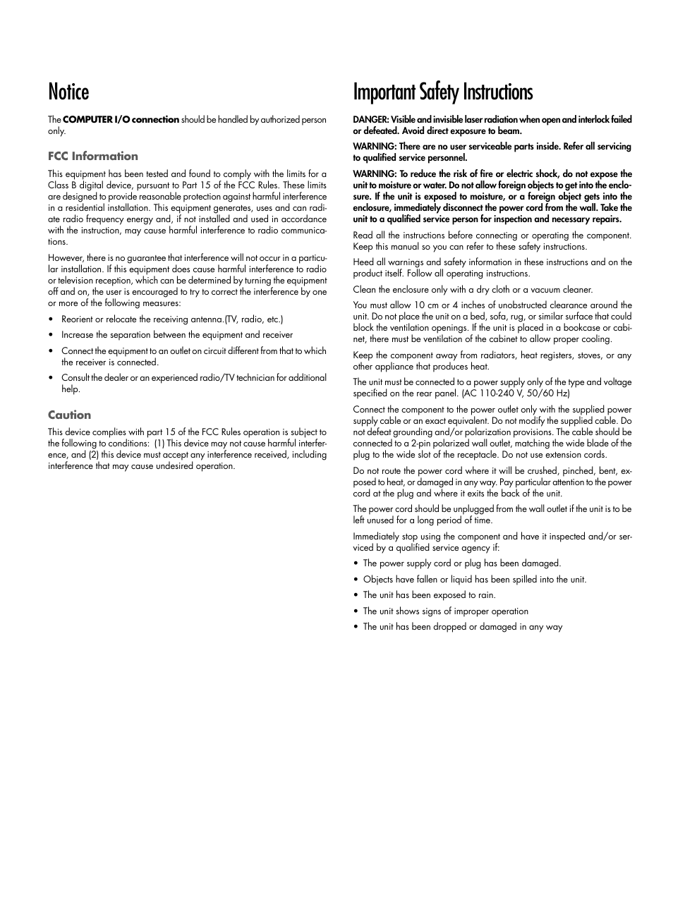 Notice, Fcc information, Caution | Important safety instructions | ROTEL DVD Audio/Video Player RDV-1060 User Manual | Page 3 / 32