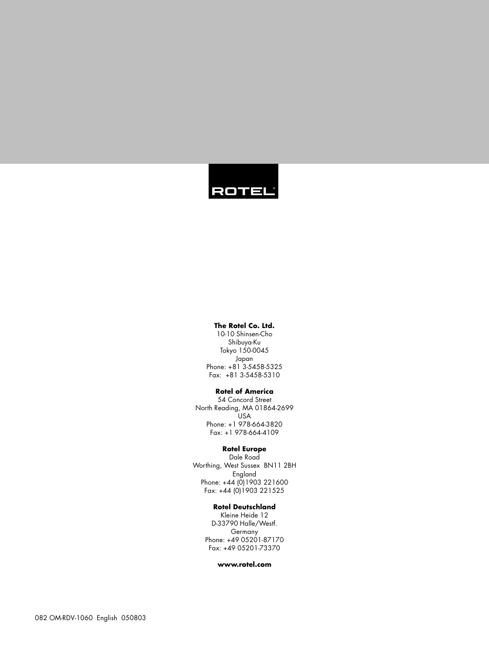 ROTEL DVD Audio/Video Player RDV-1060 User Manual | Page 32 / 32