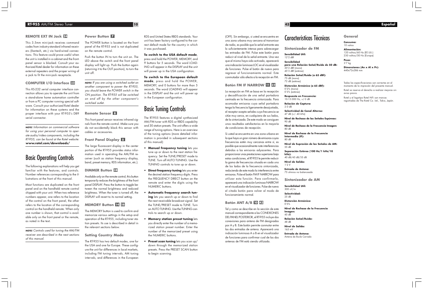 Basic operating controls, Basic tuning controls, Características técnicas | ROTEL RT-955 User Manual | Page 10 / 26