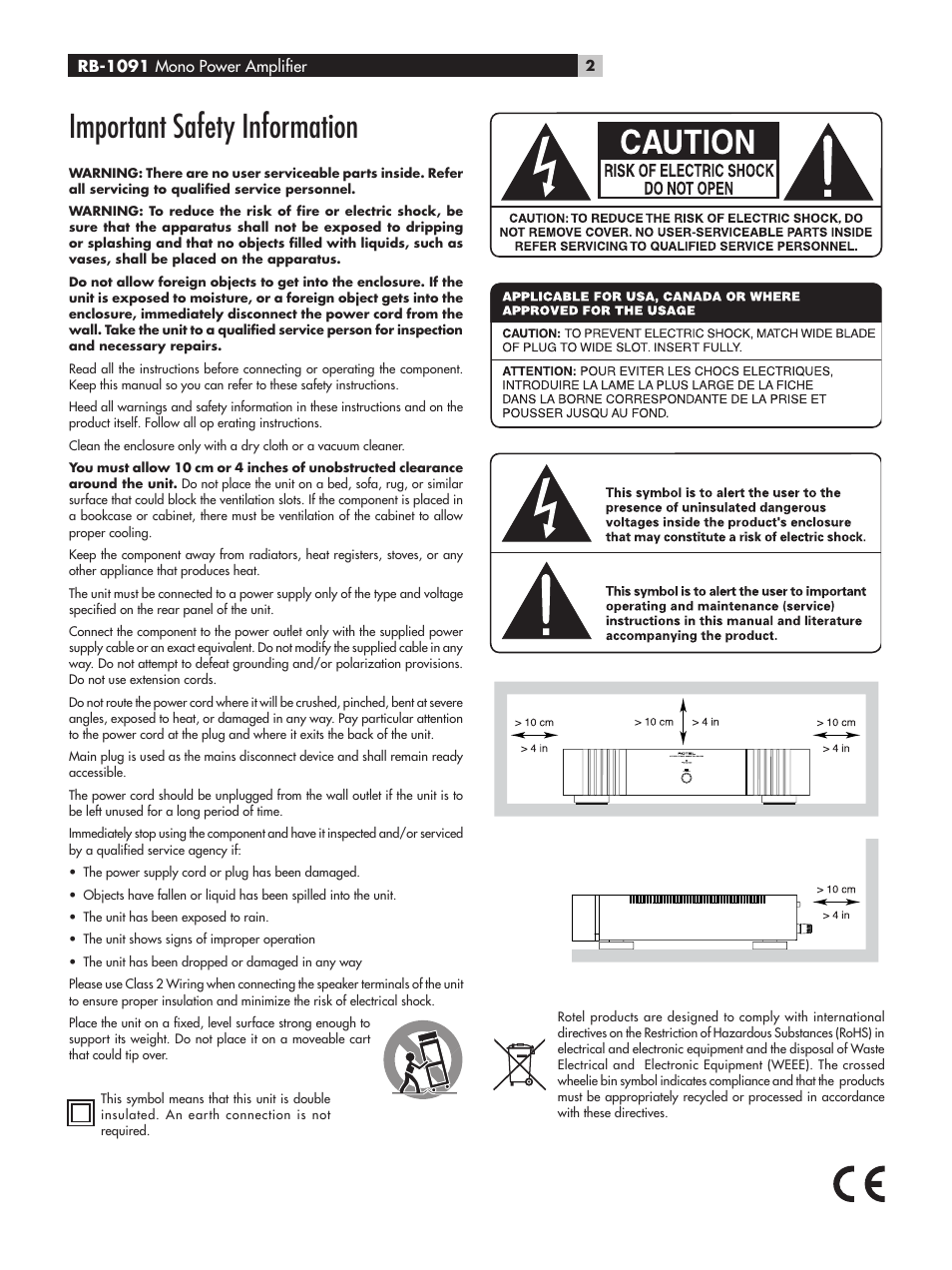 Important safety information | ROTEL RB-1091 User Manual | Page 2 / 10