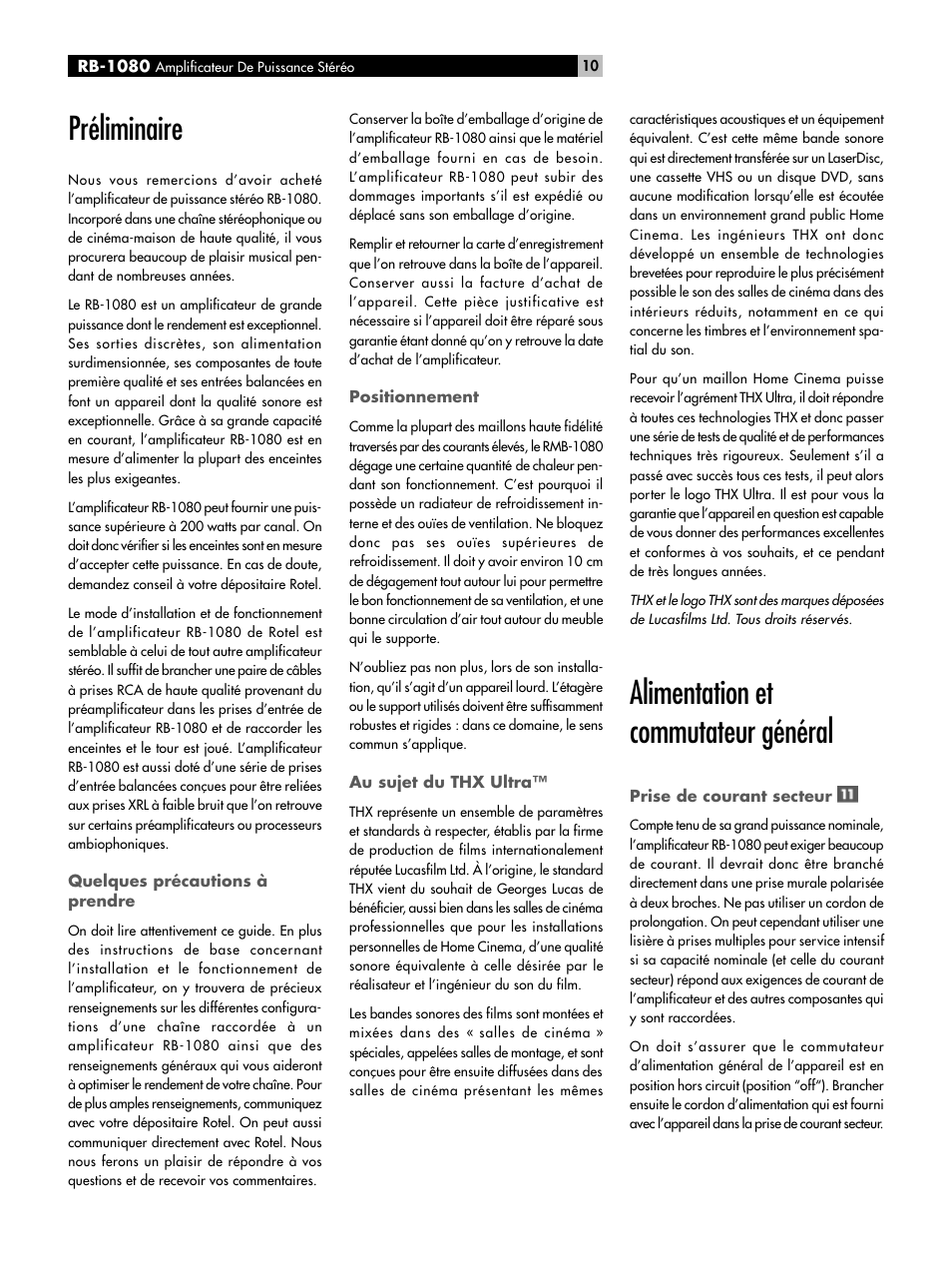 Préliminaire, Alimentation et commutateur général | ROTEL RMB-1080 User Manual | Page 10 / 34