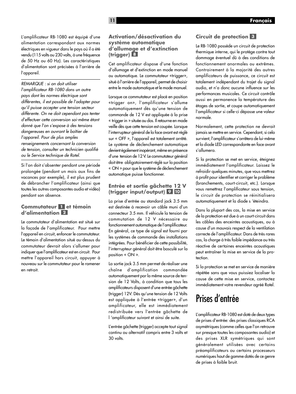 Prises d’entrée | ROTEL RMB-1080 User Manual | Page 11 / 34