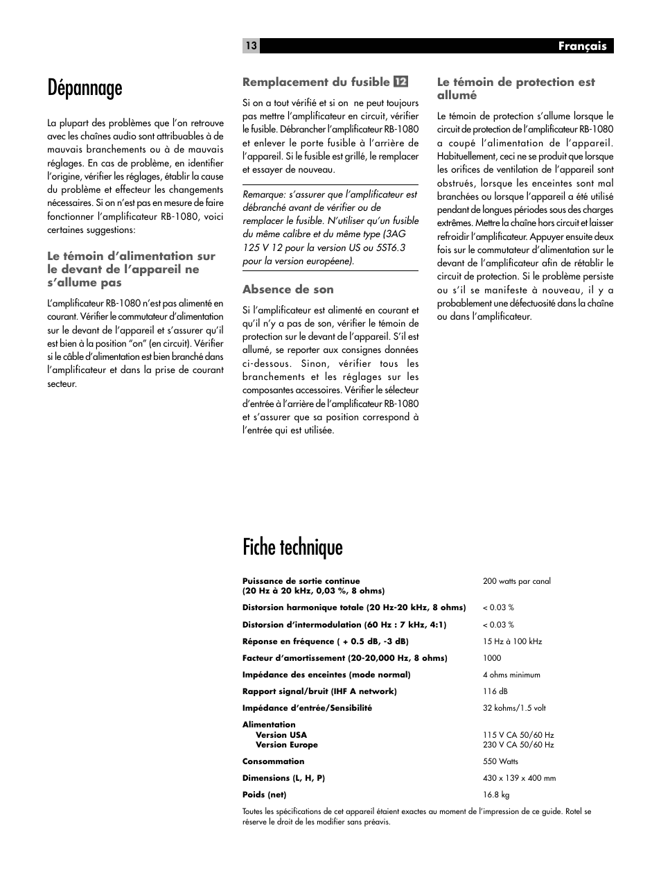 Fiche technique, Dépannage | ROTEL RMB-1080 User Manual | Page 13 / 34
