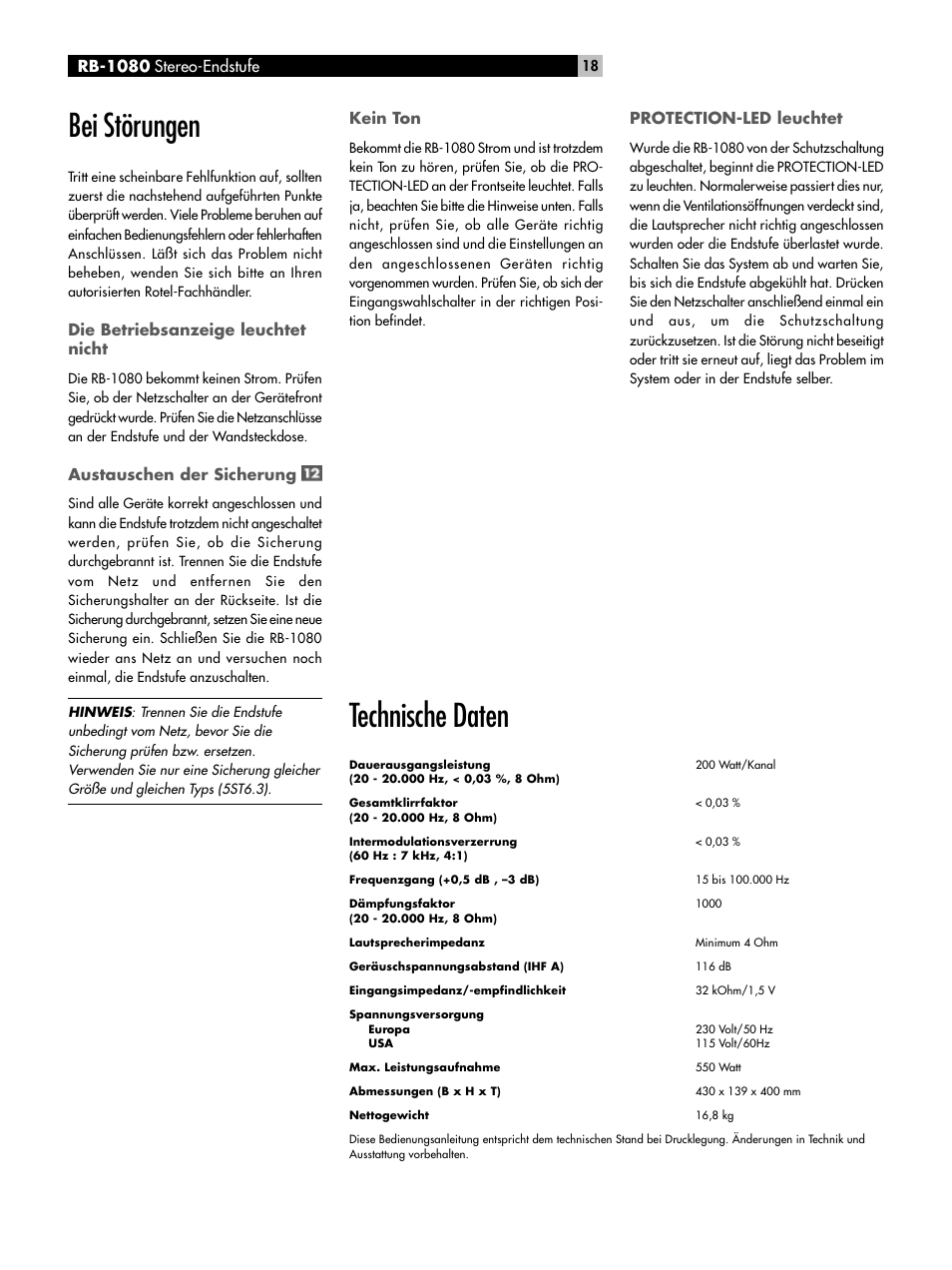 Technische daten, Bei störungen | ROTEL RMB-1080 User Manual | Page 18 / 34