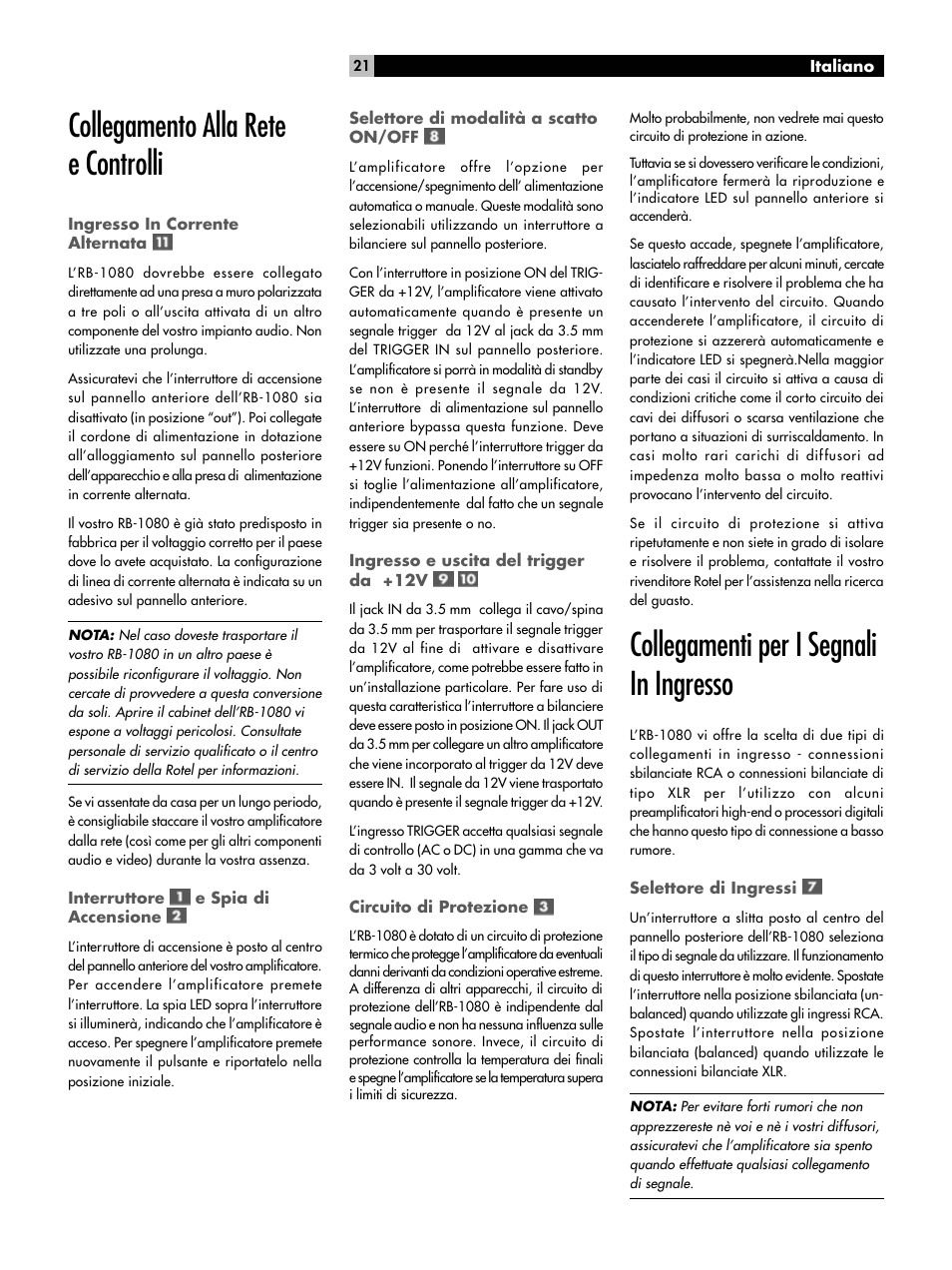 Collegamento alla rete e controlli, Collegamenti per i segnali in ingresso | ROTEL RMB-1080 User Manual | Page 21 / 34
