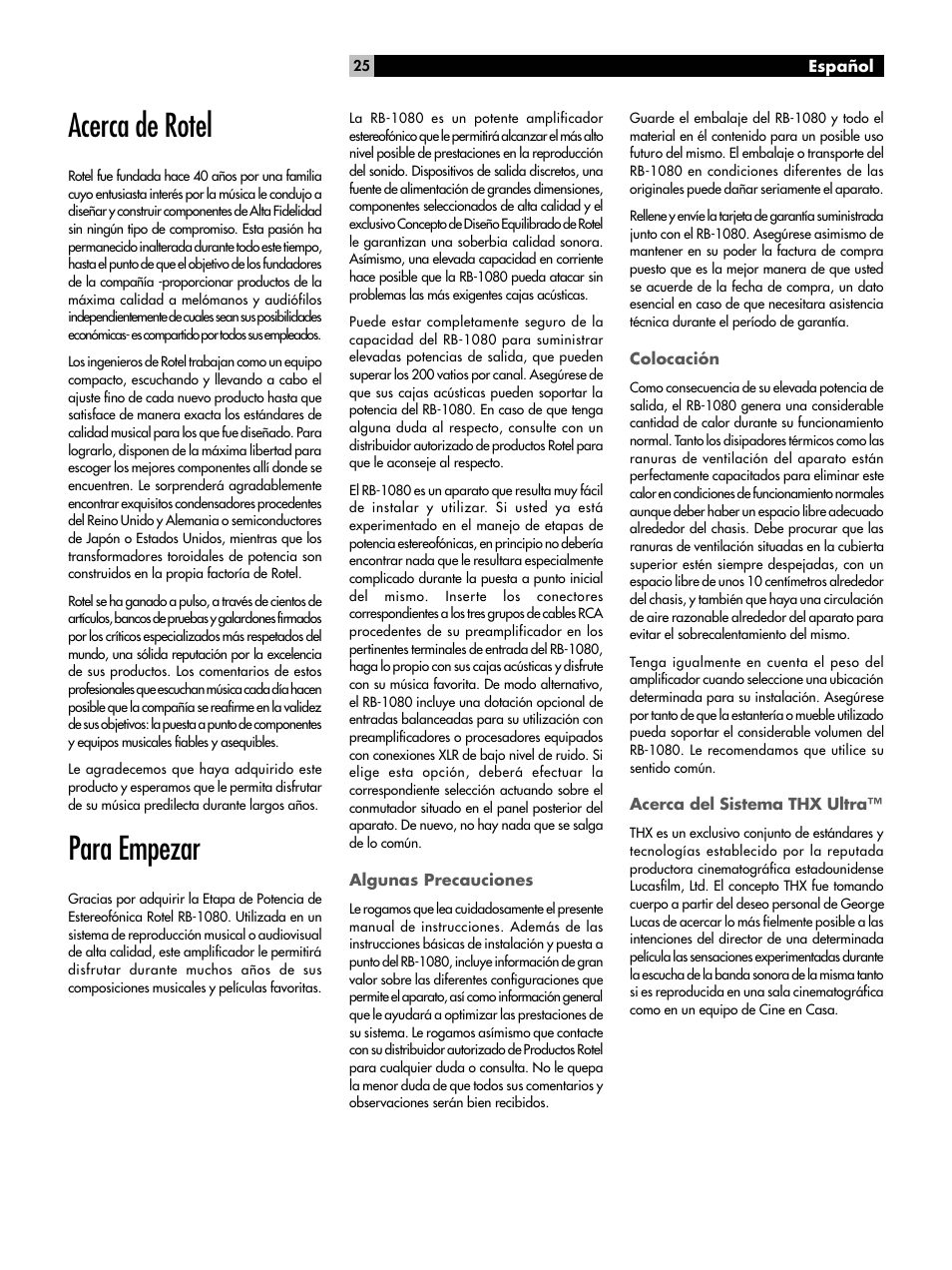 Acerca de rotel, Para empezar | ROTEL RMB-1080 User Manual | Page 25 / 34