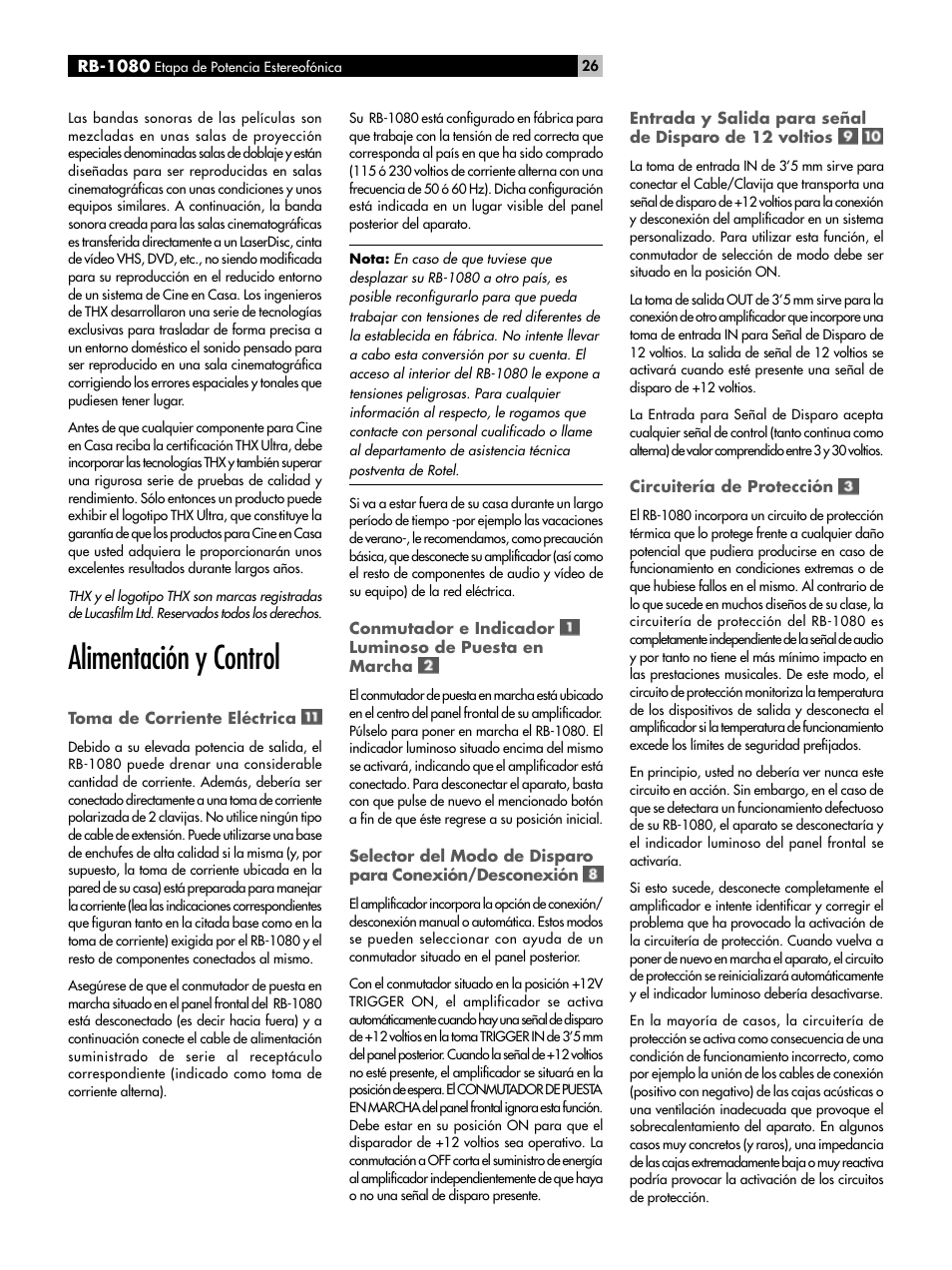 Alimentación y control | ROTEL RMB-1080 User Manual | Page 26 / 34