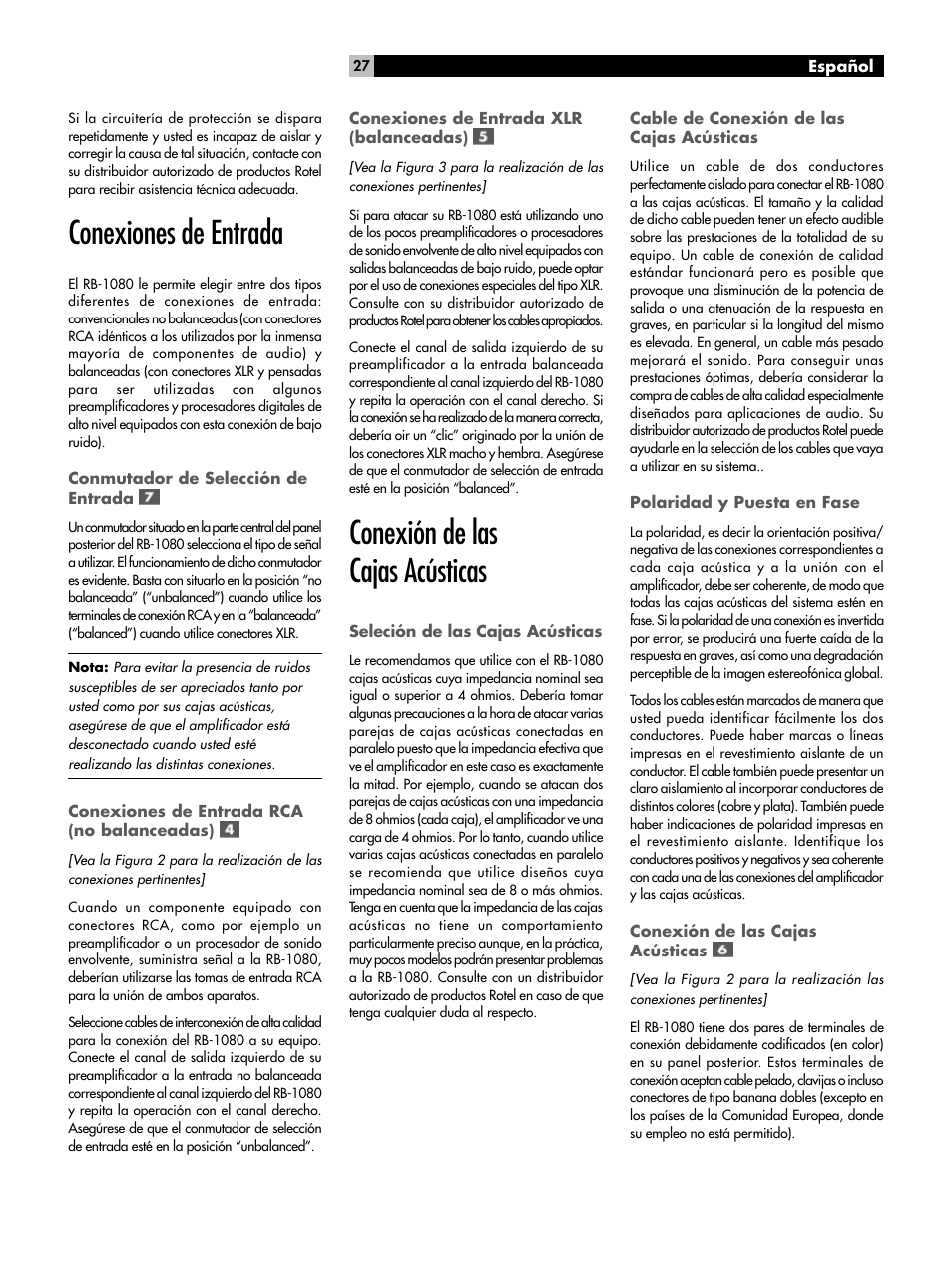Conexiones de entrada, Conexión de las cajas acústicas | ROTEL RMB-1080 User Manual | Page 27 / 34