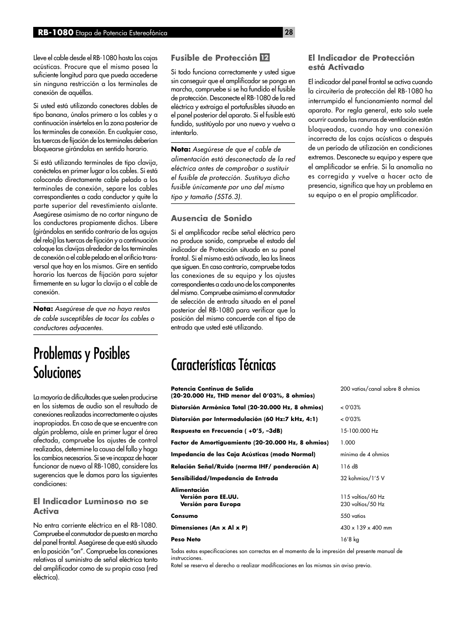 Problemas y posibles soluciones, Características técnicas | ROTEL RMB-1080 User Manual | Page 28 / 34