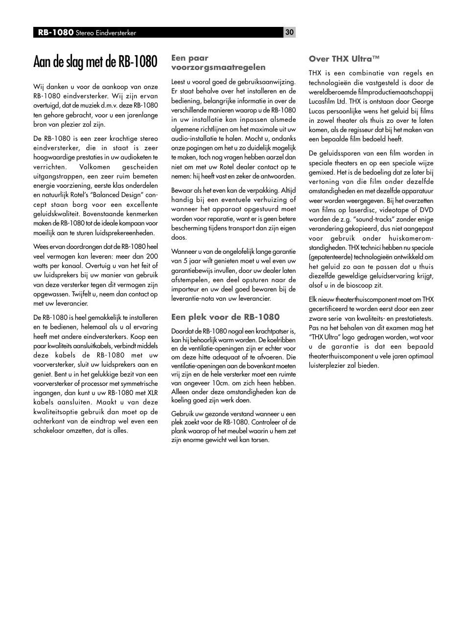 Aan de slag met de rb-1080 | ROTEL RMB-1080 User Manual | Page 30 / 34