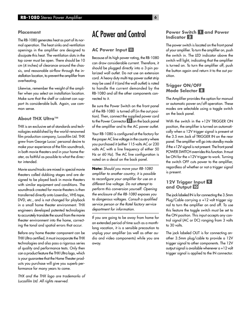 Ac power and control | ROTEL RMB-1080 User Manual | Page 6 / 34