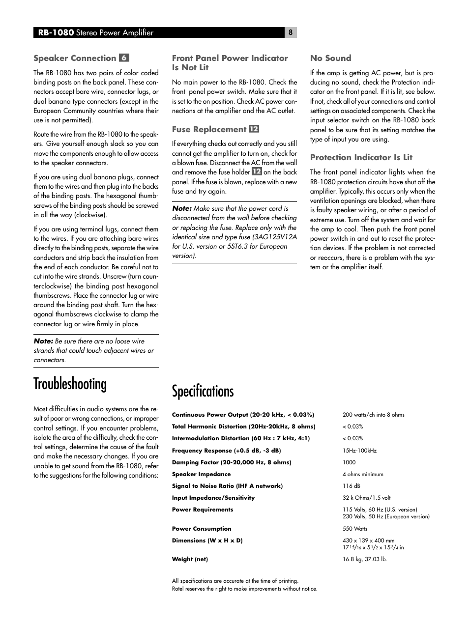 Specifications, Troubleshooting, Speaker connection | Fuse replacement, No sound, Protection indicator is lit | ROTEL RMB-1080 User Manual | Page 8 / 34