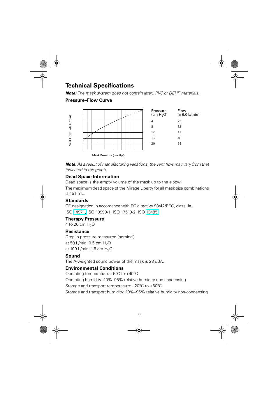 Technical specifications, Pressure–flow curve, Dead space information | Standards, Therapy pressure, Resistance, Sound, Environmental conditions, 4 to 20 cm h, The a-weighted sound power of the mask is 28 dba | ResMed MIRAGE LIBERTY 61848 User Manual | Page 12 / 84