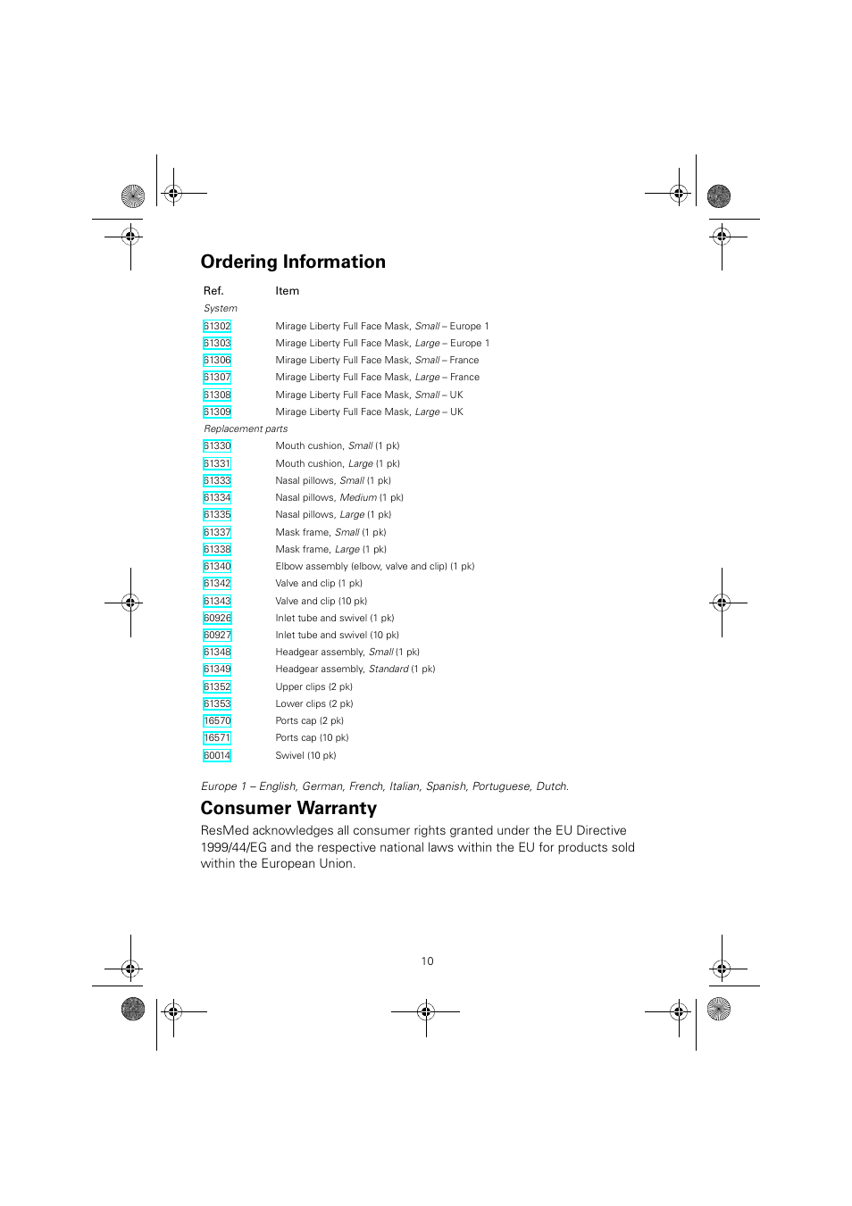 Ordering information, Consumer warranty | ResMed MIRAGE LIBERTY 61848 User Manual | Page 14 / 84