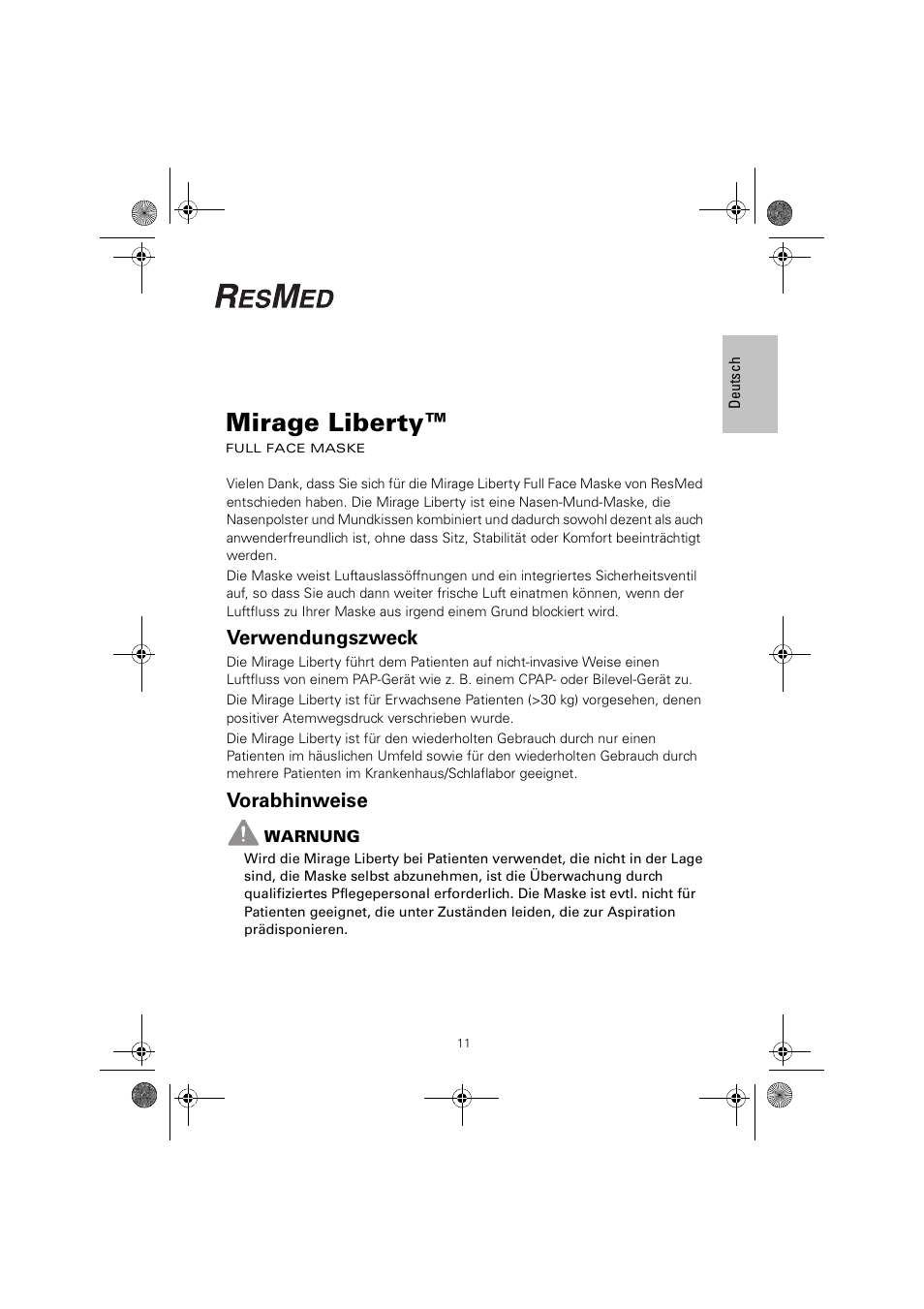 Mirage liberty, Verwendungszweck, Vorabhinweise | ResMed MIRAGE LIBERTY 61848 User Manual | Page 15 / 84