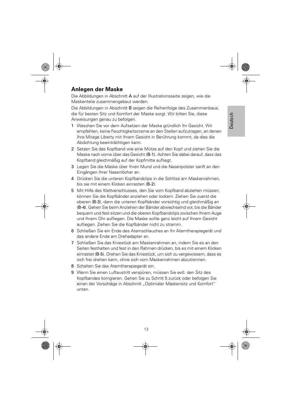 Anlegen der maske | ResMed MIRAGE LIBERTY 61848 User Manual | Page 17 / 84