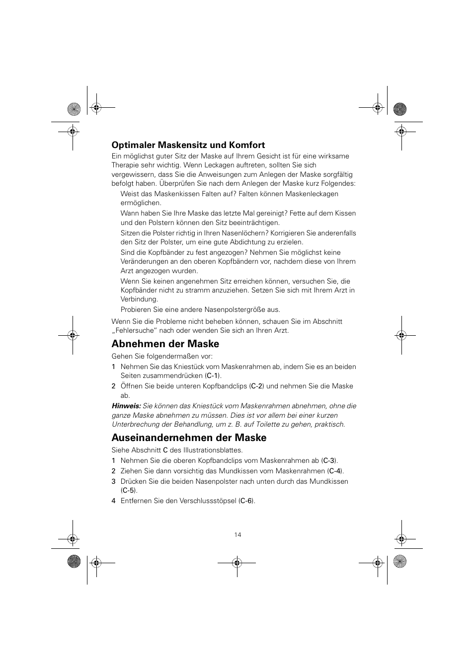 Abnehmen der maske, Auseinandernehmen der maske, Optimaler maskensitz und komfort | ResMed MIRAGE LIBERTY 61848 User Manual | Page 18 / 84