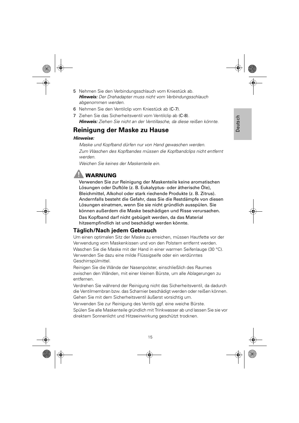 Reinigung der maske zu hause, Täglich/nach jedem gebrauch | ResMed MIRAGE LIBERTY 61848 User Manual | Page 19 / 84