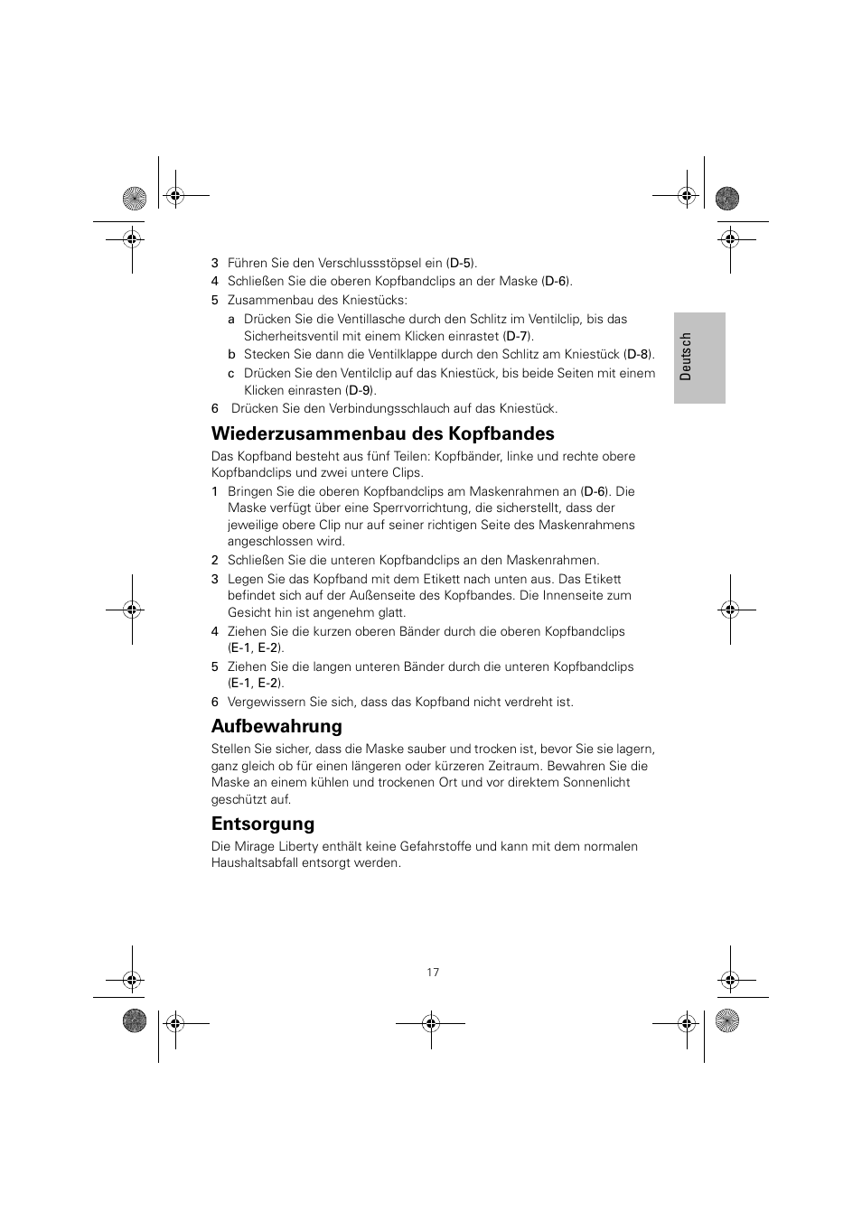 Wiederzusammenbau des kopfbandes, Aufbewahrung, Entsorgung | ResMed MIRAGE LIBERTY 61848 User Manual | Page 21 / 84