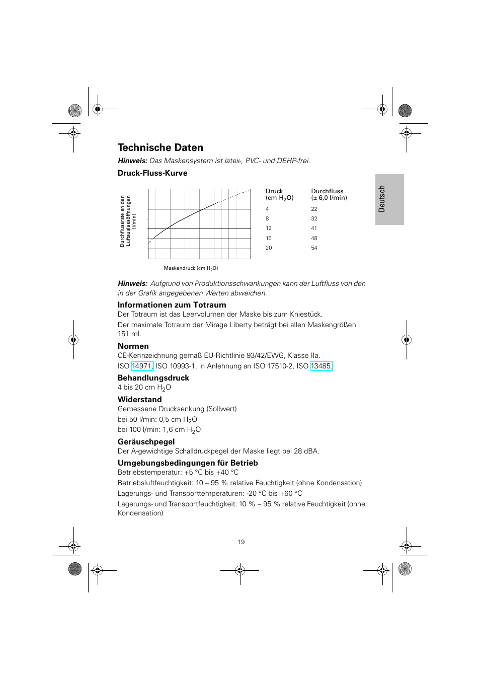 Technische daten, De utsch, Druck-fluss-kurve | Informationen zum totraum, Normen, Behandlungsdruck, Widerstand, Geräuschpegel, Umgebungsbedingungen für betrieb, 4 bis 20 cm h | ResMed MIRAGE LIBERTY 61848 User Manual | Page 23 / 84