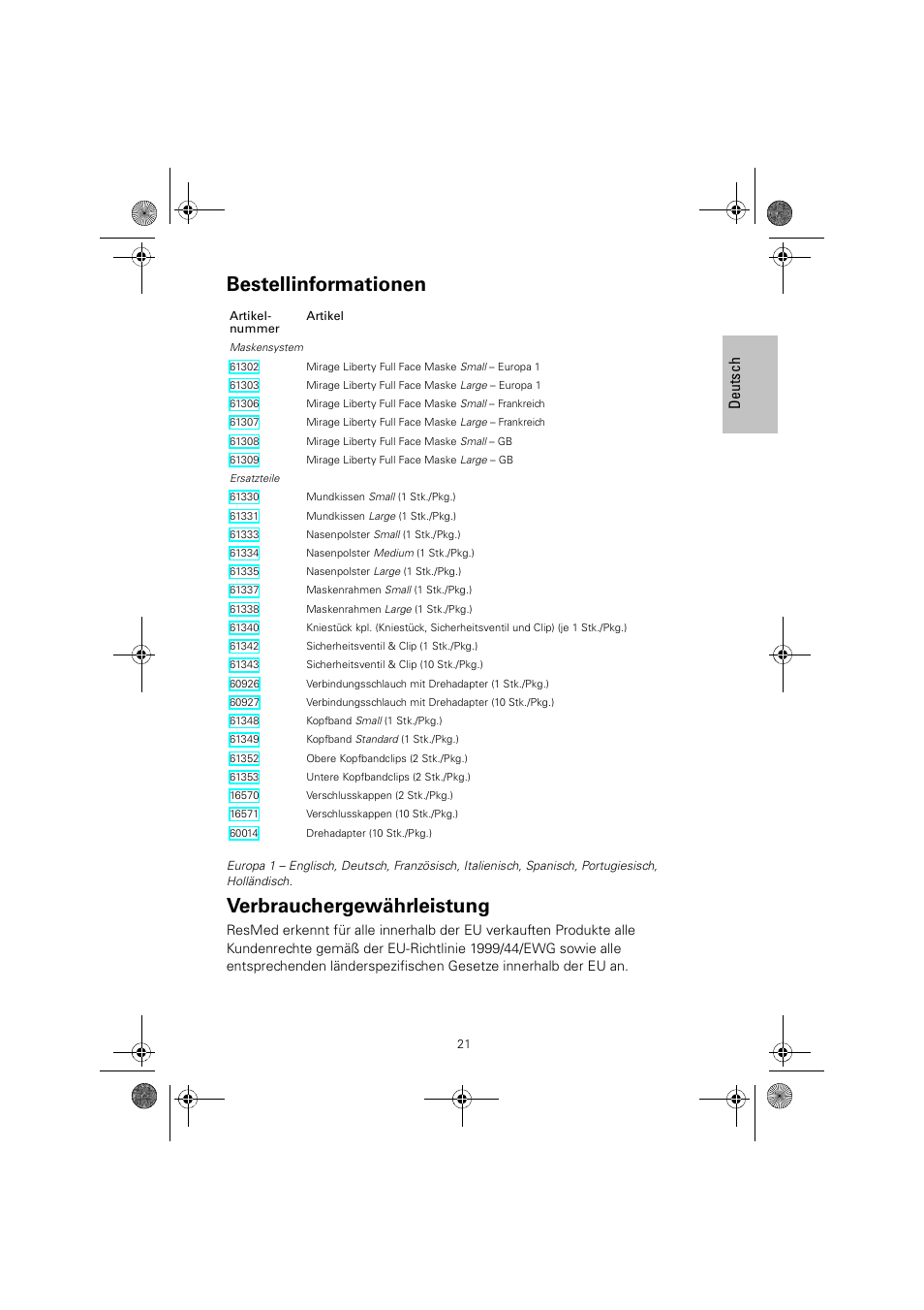 Bestellinformationen, Verbrauchergewährleistung, De utsch | ResMed MIRAGE LIBERTY 61848 User Manual | Page 25 / 84