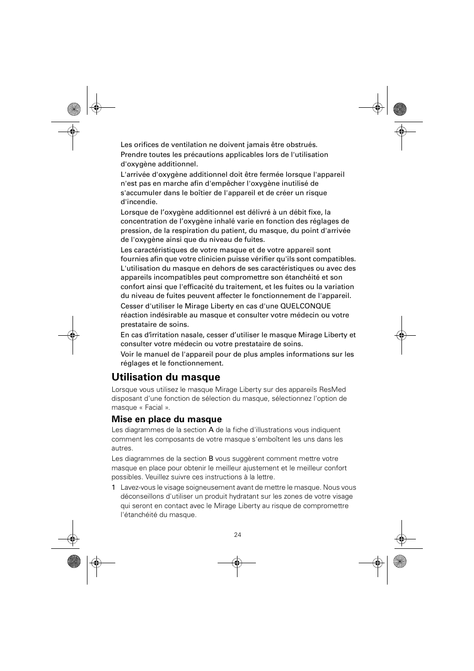 Utilisation du masque, Mise en place du masque | ResMed MIRAGE LIBERTY 61848 User Manual | Page 28 / 84