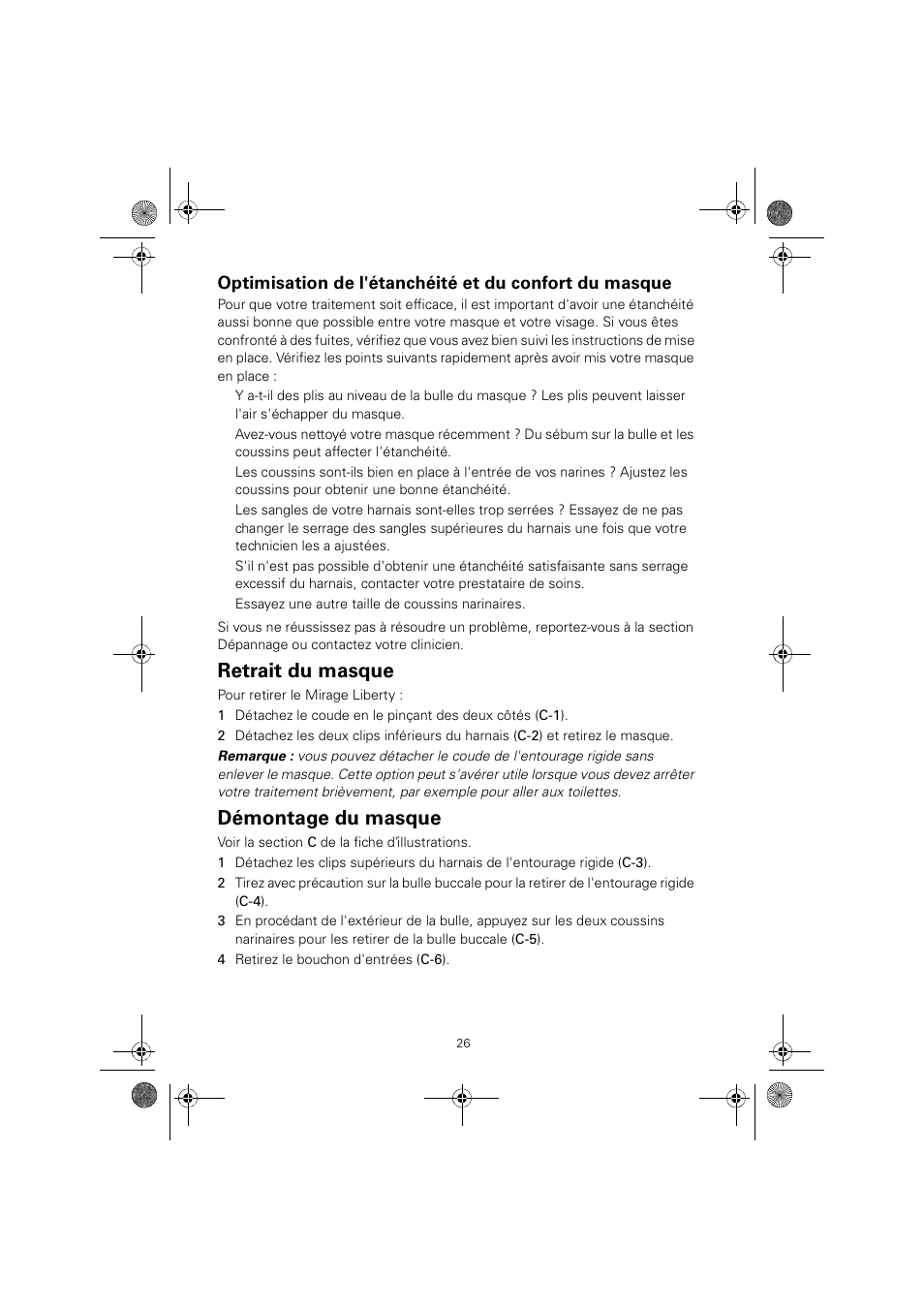 Retrait du masque, Démontage du masque | ResMed MIRAGE LIBERTY 61848 User Manual | Page 30 / 84