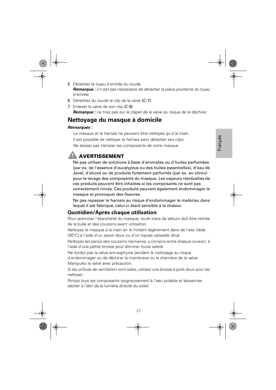 Nettoyage du masque à domicile, Quotidien/après chaque utilisation | ResMed MIRAGE LIBERTY 61848 User Manual | Page 31 / 84