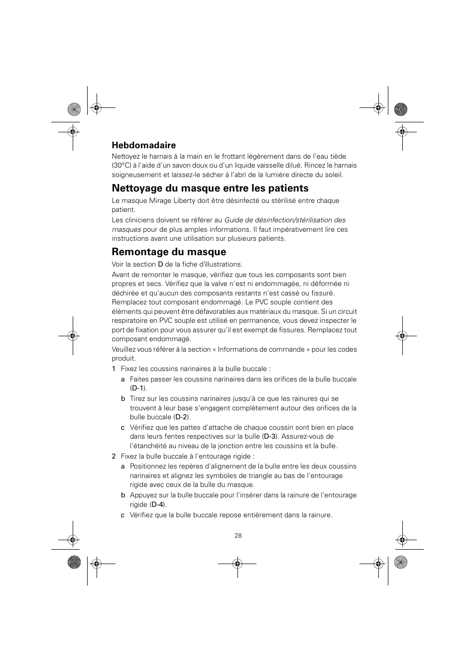 Nettoyage du masque entre les patients, Remontage du masque, Hebdomadaire | ResMed MIRAGE LIBERTY 61848 User Manual | Page 32 / 84