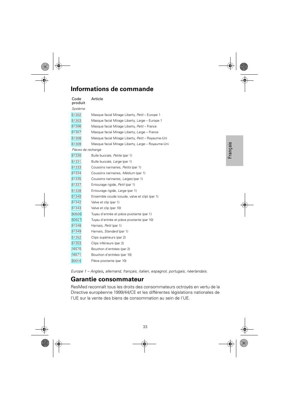 Informations de commande, Garantie consommateur | ResMed MIRAGE LIBERTY 61848 User Manual | Page 37 / 84