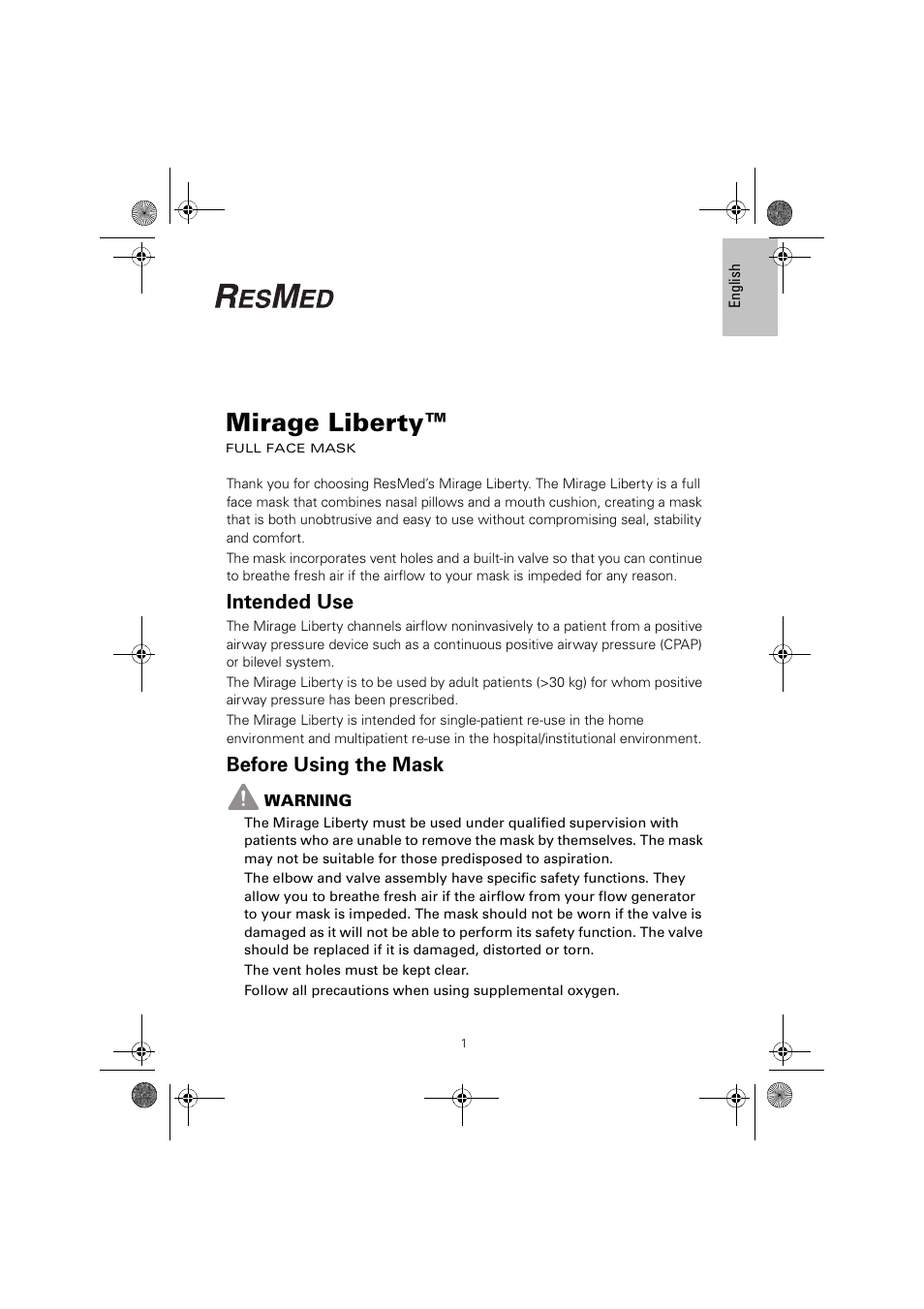 61848r2.pdf, Mirage liberty, Intended use | Before using the mask | ResMed MIRAGE LIBERTY 61848 User Manual | Page 5 / 84