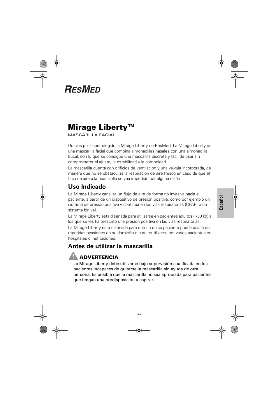 Mirage liberty, Uso indicado, Antes de utilizar la mascarilla | ResMed MIRAGE LIBERTY 61848 User Manual | Page 51 / 84