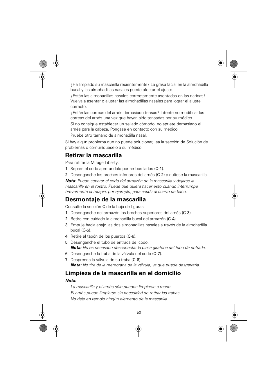 Retirar la mascarilla, Desmontaje de la mascarilla, Limpieza de la mascarilla en el domicilio | ResMed MIRAGE LIBERTY 61848 User Manual | Page 54 / 84