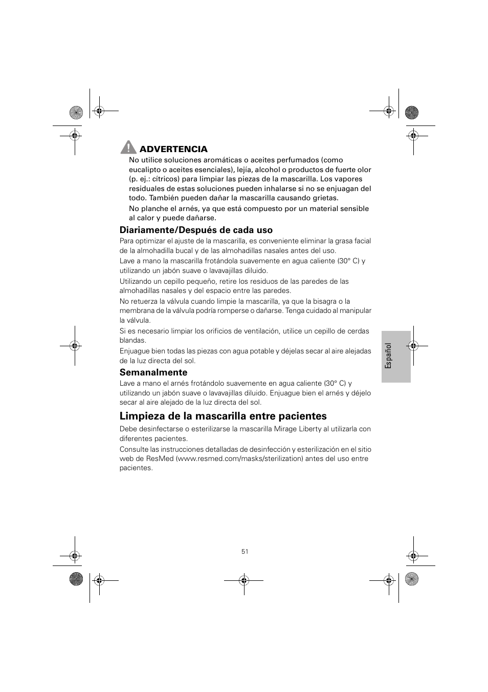 Limpieza de la mascarilla entre pacientes | ResMed MIRAGE LIBERTY 61848 User Manual | Page 55 / 84