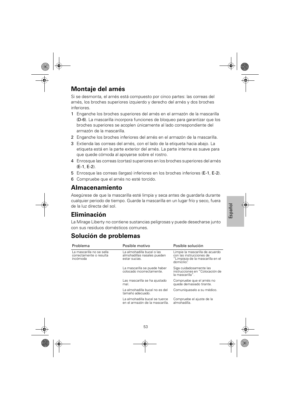 Montaje del arnés, Almacenamiento, Eliminación | Solución de problemas | ResMed MIRAGE LIBERTY 61848 User Manual | Page 57 / 84