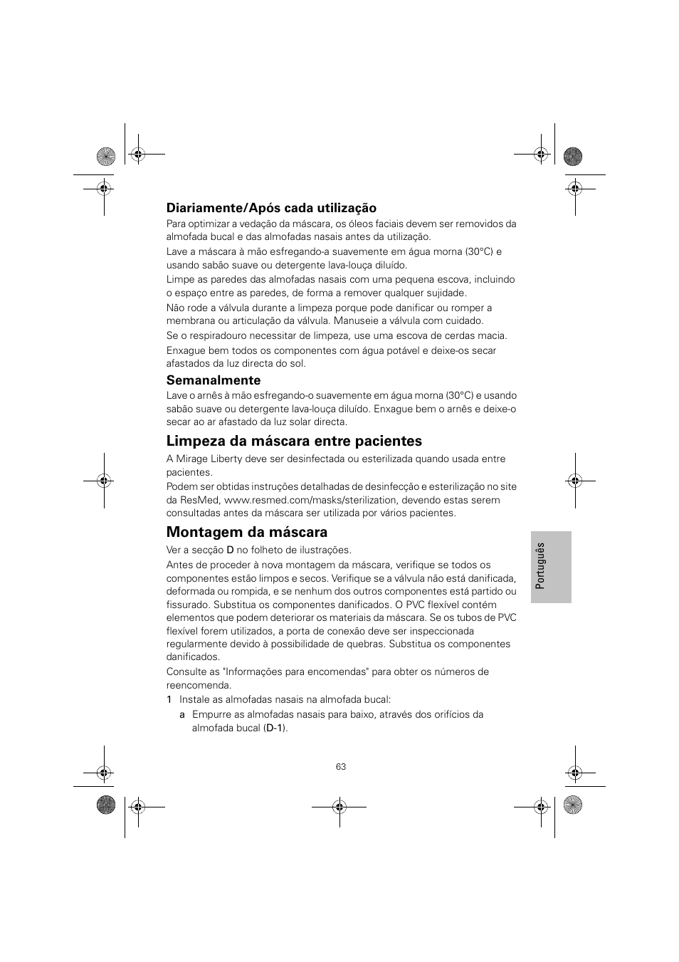 Limpeza da máscara entre pacientes, Montagem da máscara | ResMed MIRAGE LIBERTY 61848 User Manual | Page 67 / 84