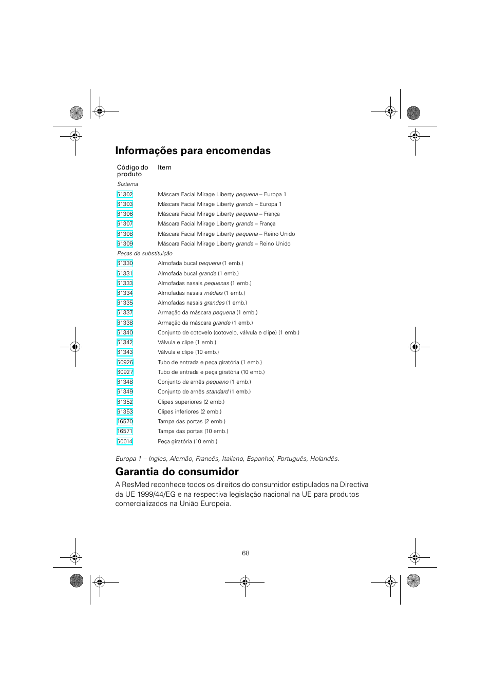 Informações para encomendas, Garantia do consumidor | ResMed MIRAGE LIBERTY 61848 User Manual | Page 72 / 84