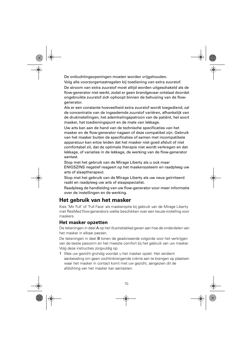 Het gebruik van het masker, Het masker opzetten | ResMed MIRAGE LIBERTY 61848 User Manual | Page 74 / 84