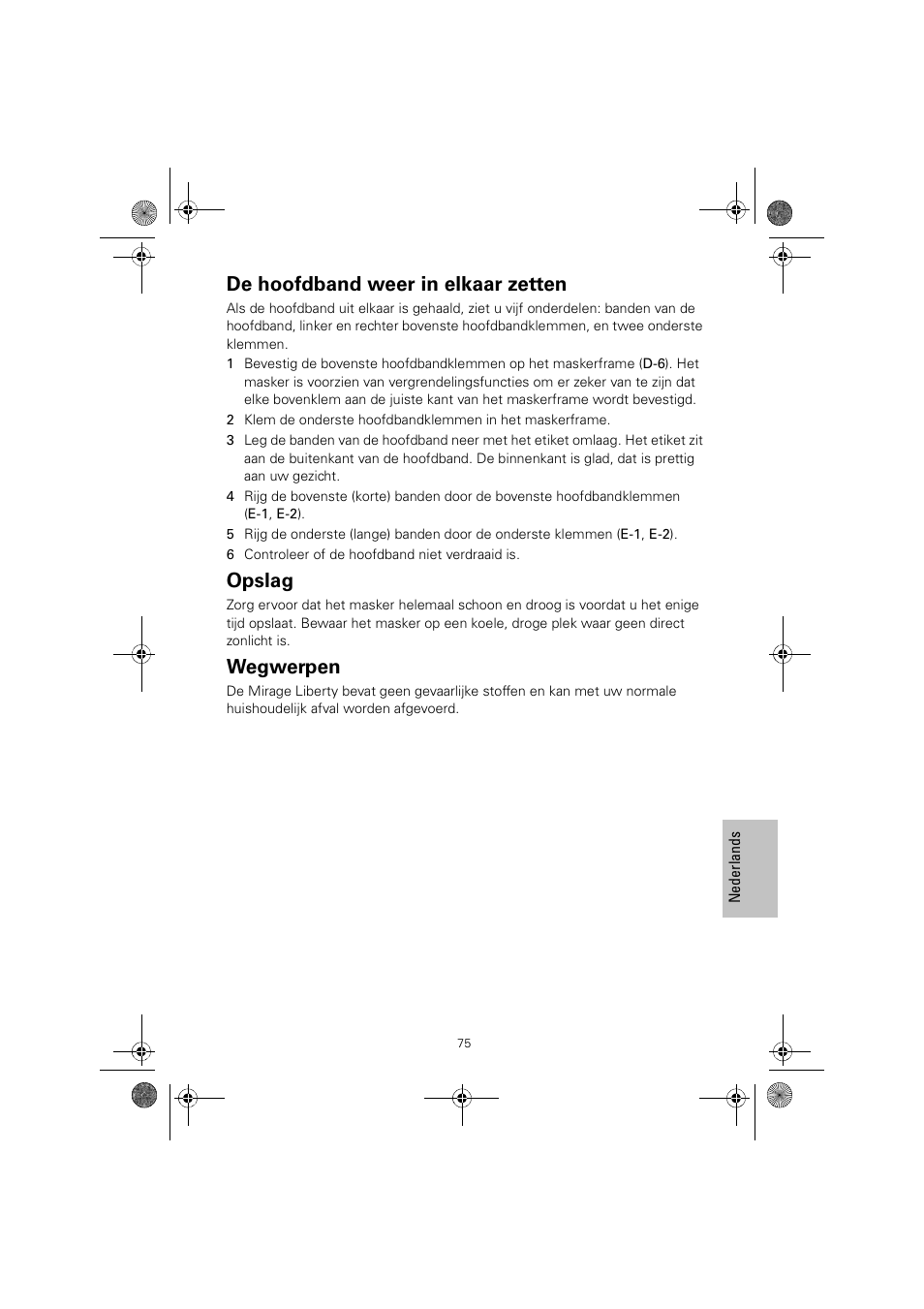 De hoofdband weer in elkaar zetten, Opslag, Wegwerpen | ResMed MIRAGE LIBERTY 61848 User Manual | Page 79 / 84