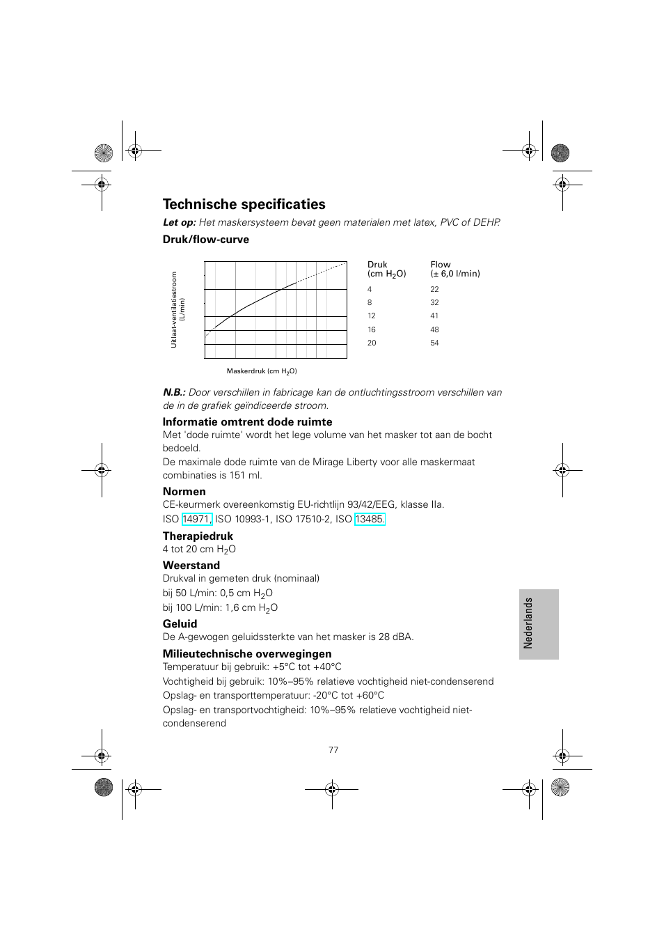 Technische specificaties, Nede rla nds, Druk/flow-curve | Informatie omtrent dode ruimte, Normen, Therapiedruk, Weerstand, Geluid, Milieutechnische overwegingen, 4 tot 20 cm h | ResMed MIRAGE LIBERTY 61848 User Manual | Page 81 / 84