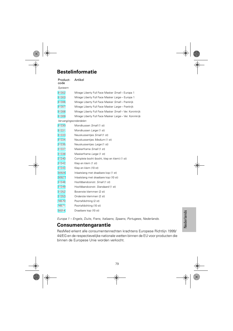 Bestelinformatie, Consumentengarantie | ResMed MIRAGE LIBERTY 61848 User Manual | Page 83 / 84