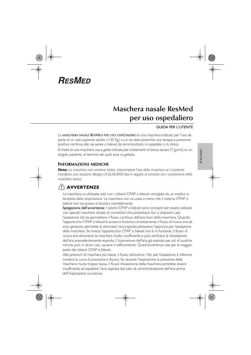 Maschera nasale resmed per uso ospedaliero | ResMed CPAP User Manual | Page 13 / 34