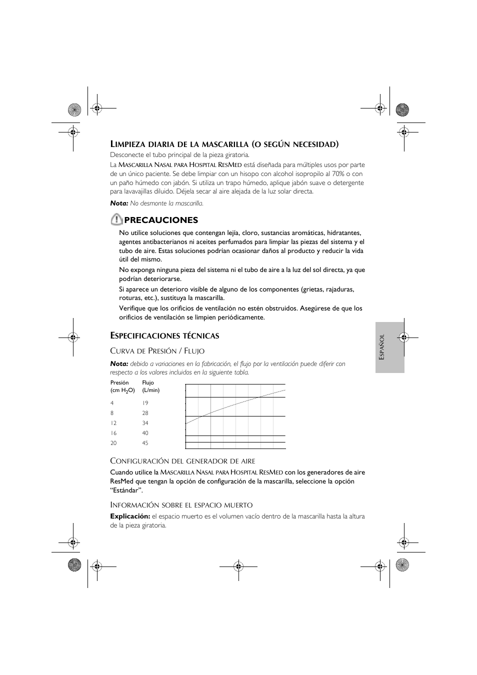 Precauciones, Impieza, Diaria | Mascarilla, Seg ún, Necesidad, Specificaciones, Técnicas | ResMed CPAP User Manual | Page 19 / 34