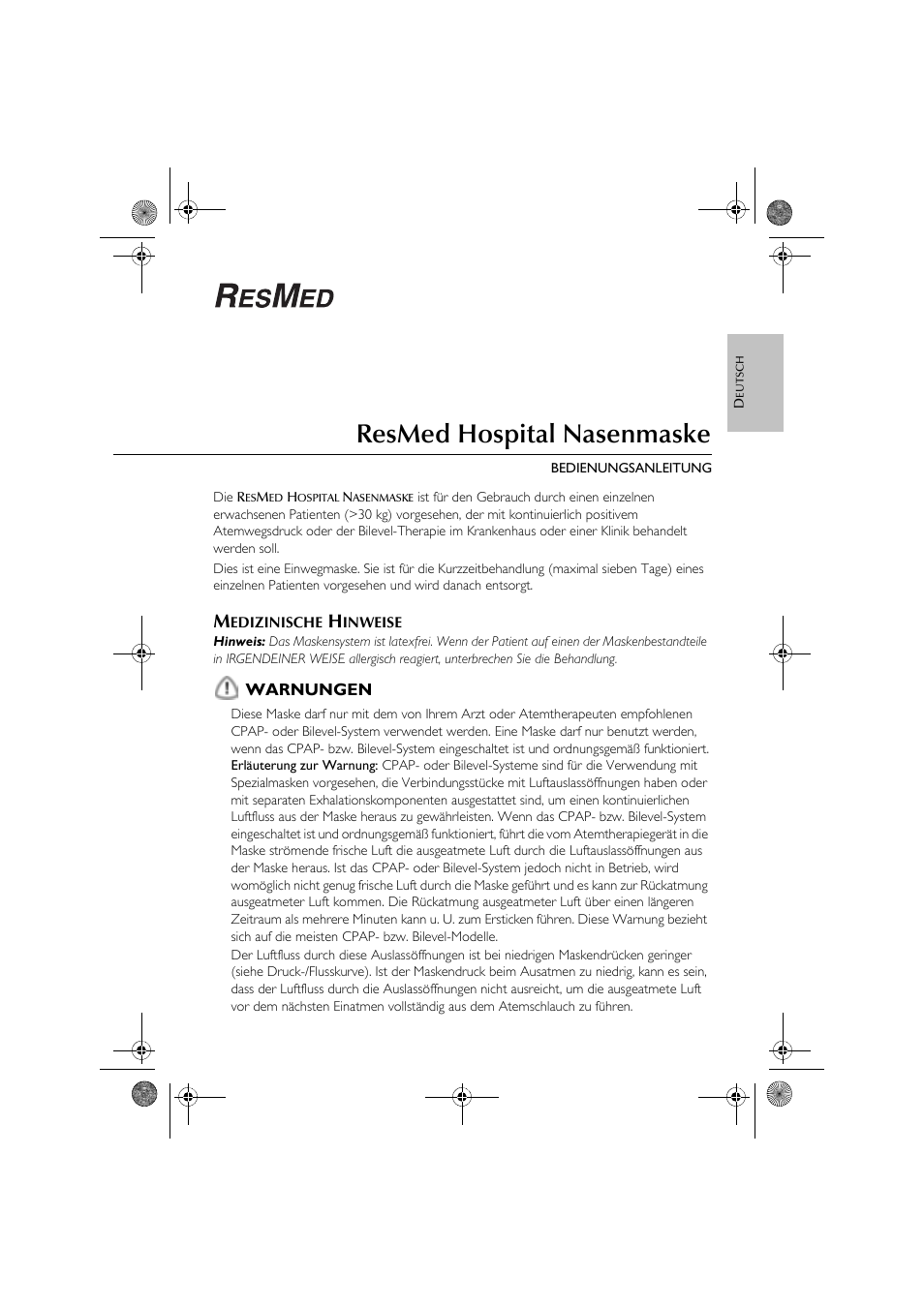 Resmed hospital nasenmaske | ResMed CPAP User Manual | Page 5 / 34