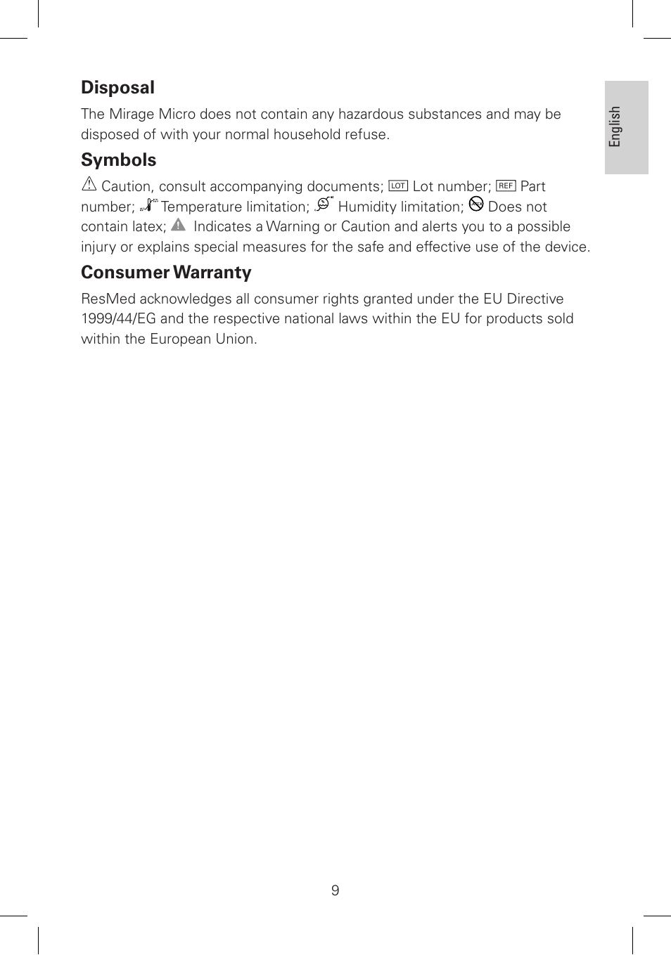 Disposal, Symbols, Consumer warranty | ResMed Nasal Mask Mirage Micro User Manual | Page 10 / 12