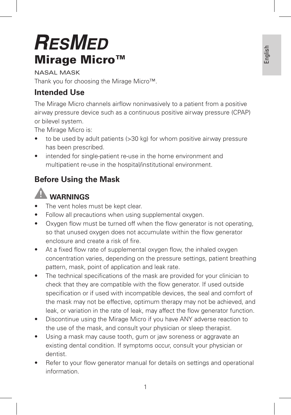 Mirage micro, Intended use, Before using the mask | ResMed Nasal Mask Mirage Micro User Manual | Page 2 / 12